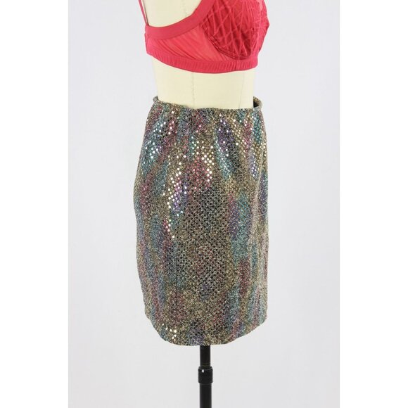 FREDERICK'S OF HOLLYWOOD Black Rainbow Stretch Sequin Mini Slip Skirt, Size M - Picture 3 of 13
